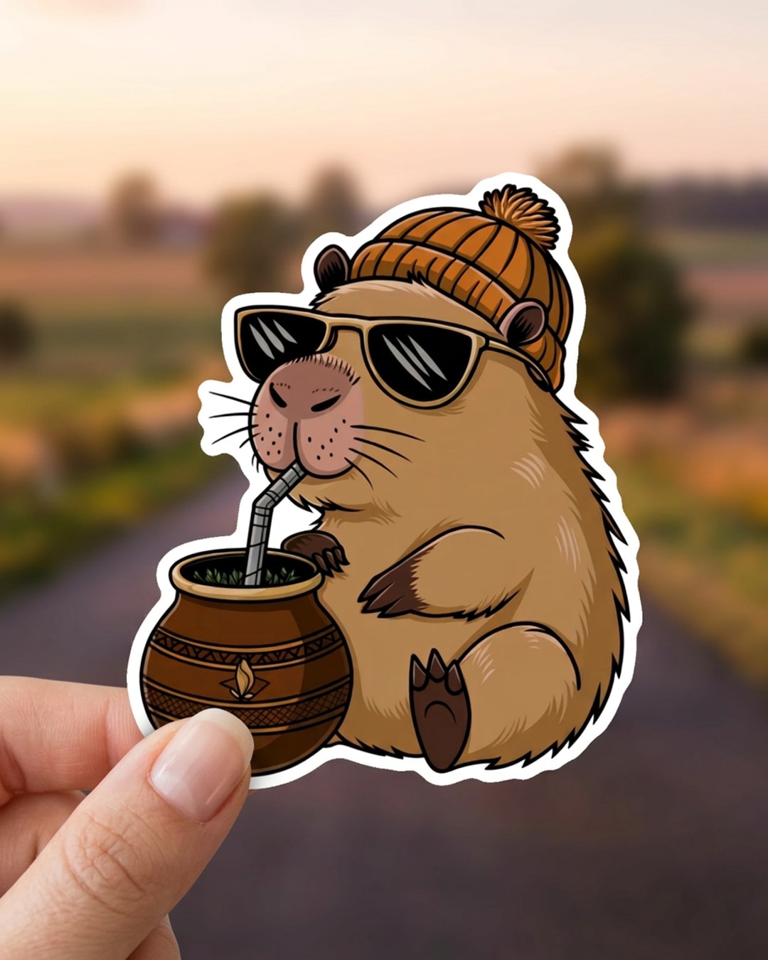 Pegatina Carpincho con Gafas y Gorro Tomando Mate sostenida en la mano, a tamaño real