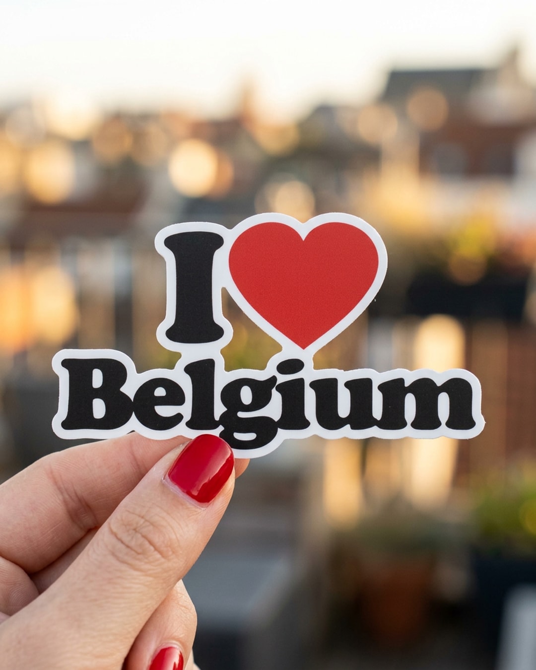 Pegatina I Love Belgium con corazón rojo sostenida en la mano, a tamaño real