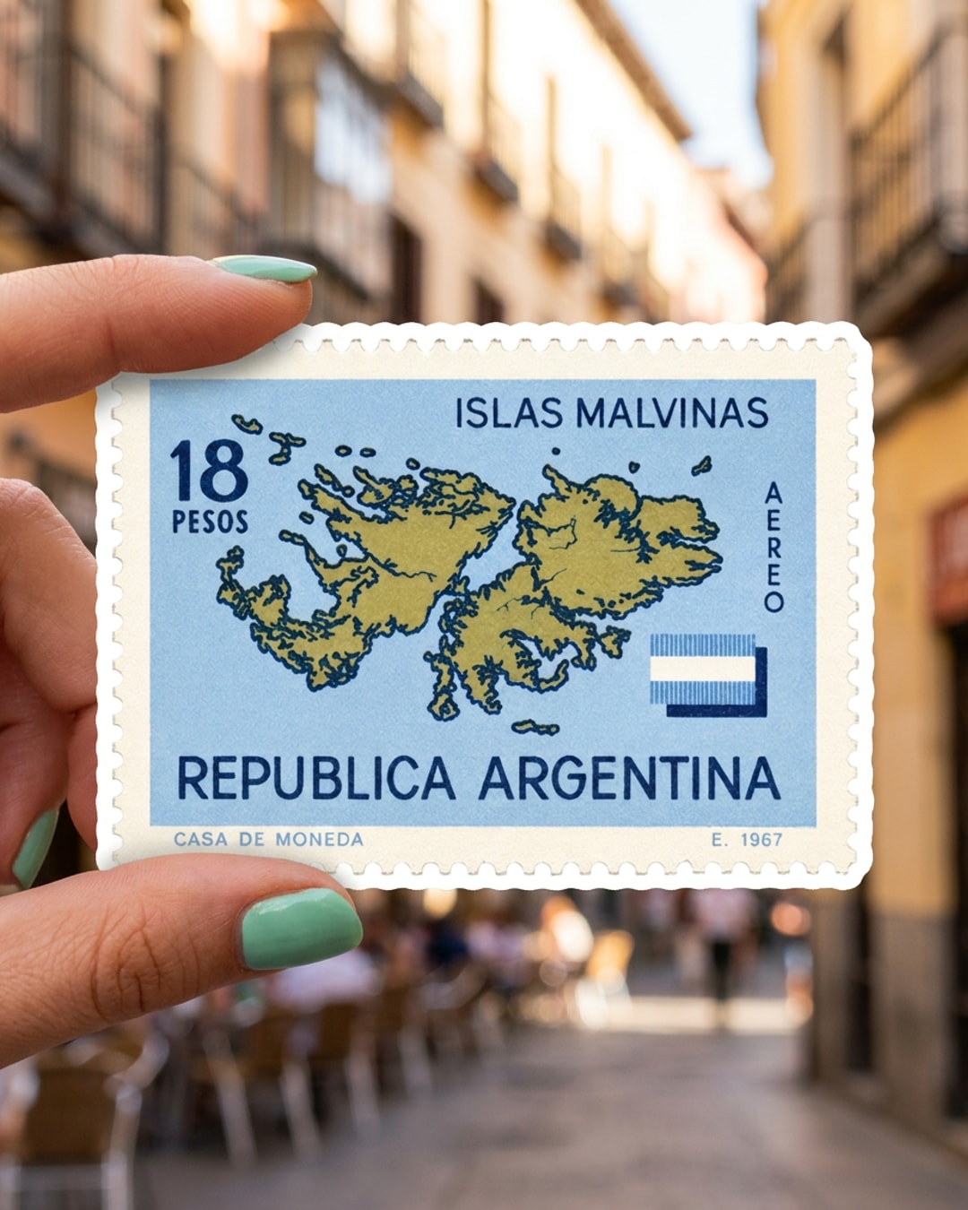 Pegatina Sello Postal Islas Malvinas de Argentina sostenida en la mano, a tamaño real