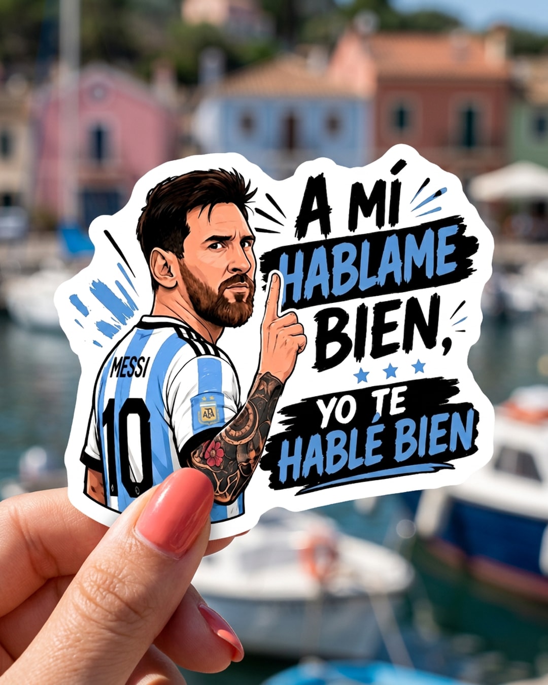 Pegatina Messi A mí háblame bien, yo te hablé bien sostenida en la mano, a tamaño real